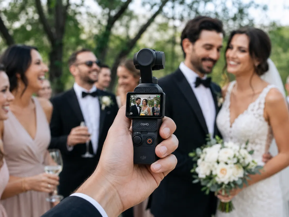 A guest holding the pocket camera at an outdoor wedding, filming the bride and groom while the wedding party laughs behind them