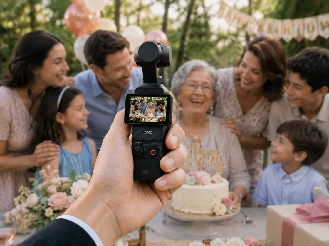 A guest filming a grandmother at a backyard birthday party, the family gathered around a cake