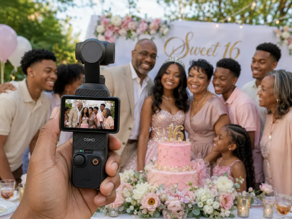 A guest filming the family posed around the cake at a Sweet 16 party