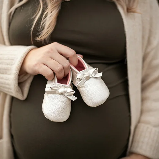 A pair of baby shoes held up against a pregnant belly